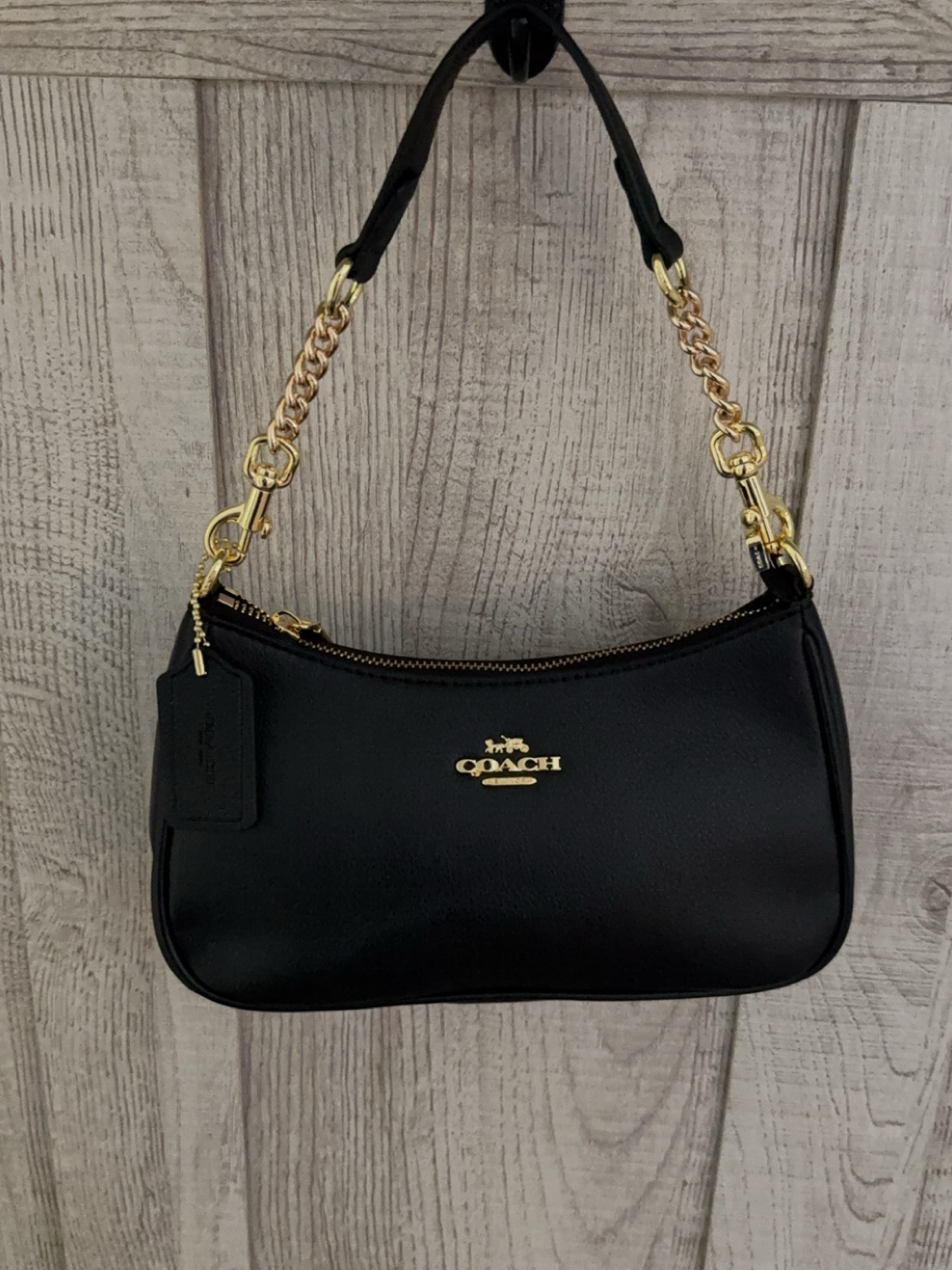 Coach Black Leather Shoulder Bag With Gold Chain Accents